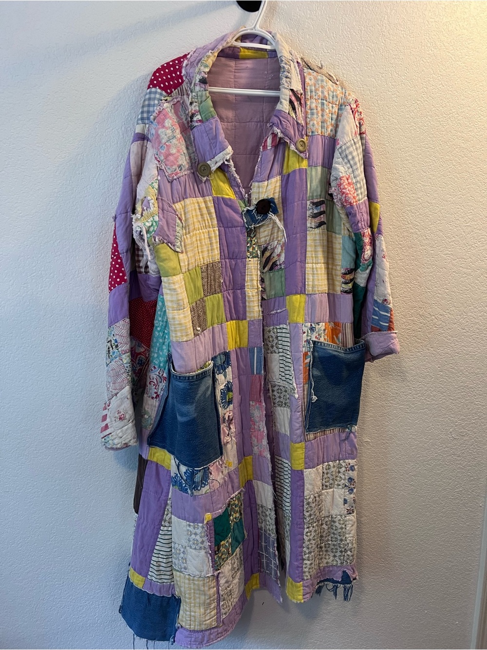 Patchwork Quilted Long Coat in Lavender and Yellow
